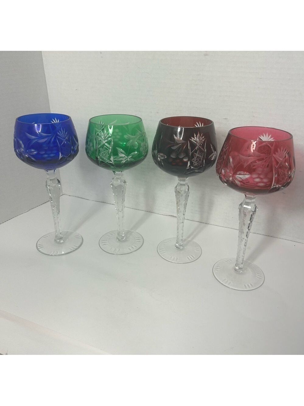 Vintage Lausitzer Crystal Bohemian Cut to Clear Wine Goblets Set of 4 Multicolor